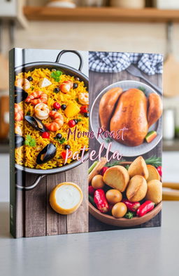 A beautifully designed book cover featuring an appetizing paella on one side, showcasing vibrant colors of saffron rice, shrimp, mussels, and vegetables