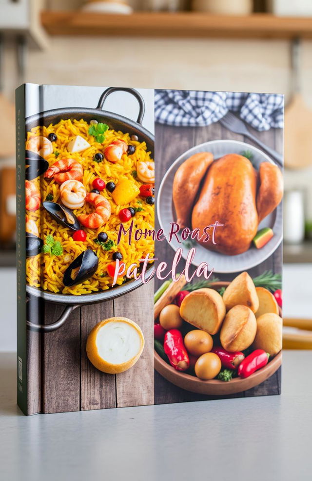 A beautifully designed book cover featuring an appetizing paella on one side, showcasing vibrant colors of saffron rice, shrimp, mussels, and vegetables