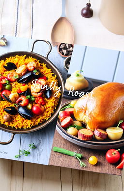 A beautifully designed book cover featuring an appetizing paella on one side, showcasing vibrant colors of saffron rice, shrimp, mussels, and vegetables
