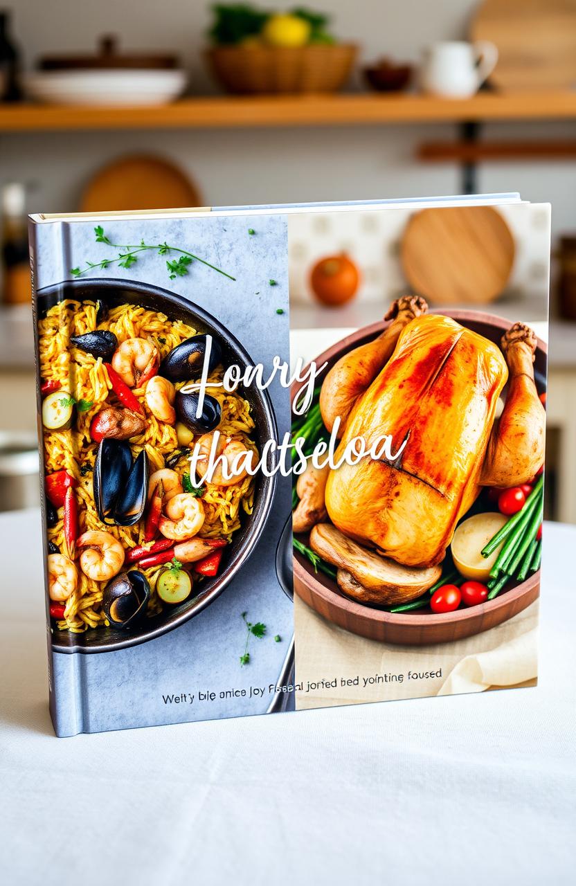 A beautifully designed book cover featuring an appetizing paella on one side, showcasing vibrant colors of saffron rice, shrimp, mussels, and vegetables