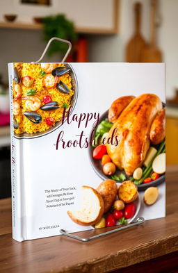 A beautifully designed book cover featuring an appetizing paella on one side, showcasing vibrant colors of saffron rice, shrimp, mussels, and vegetables