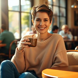 A 35-year-old Spanish woman with short, stylish hair, dressed casually in jeans and a loose-fitting sweater