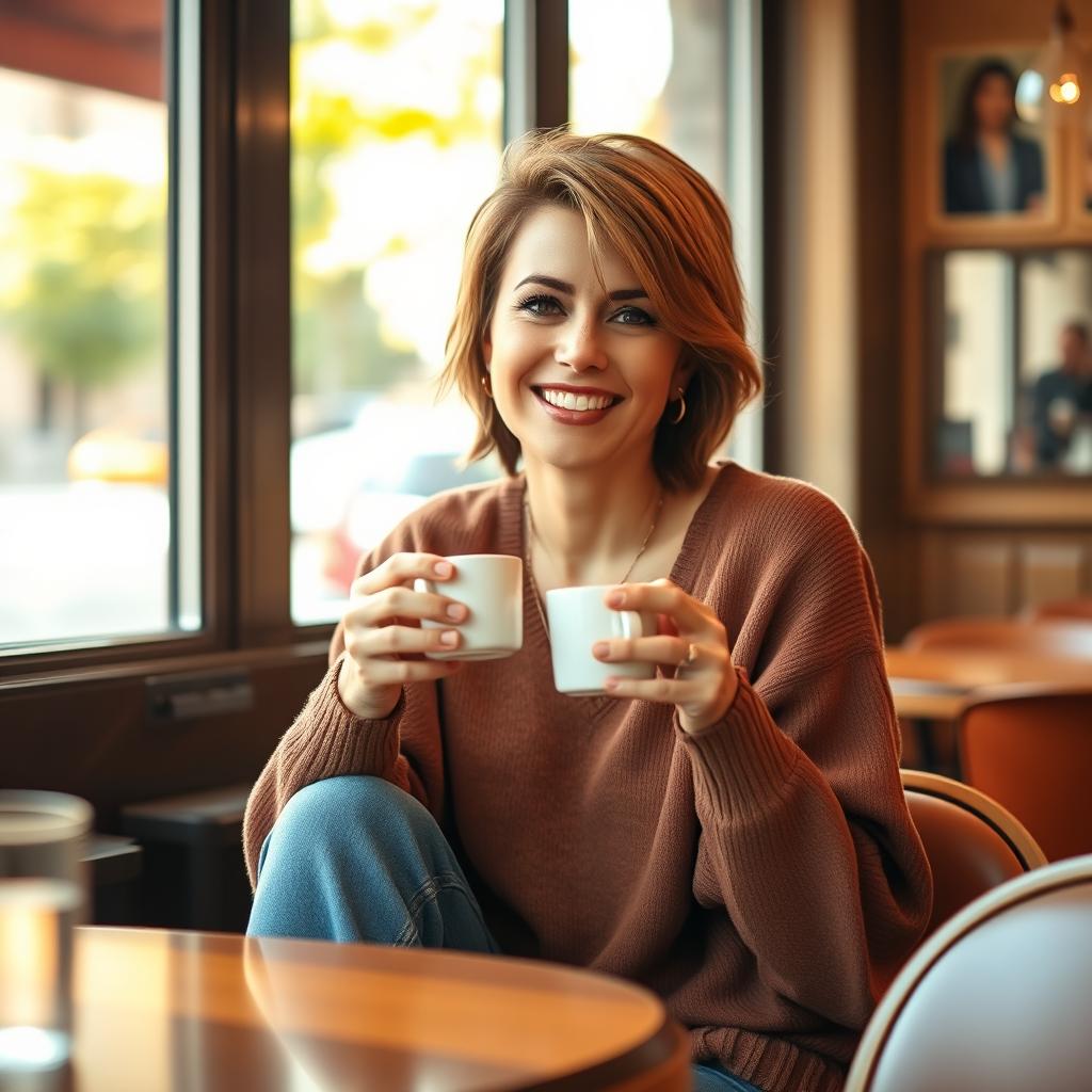 A 35-year-old Spanish woman with short, stylish hair, dressed casually in jeans and a loose-fitting sweater