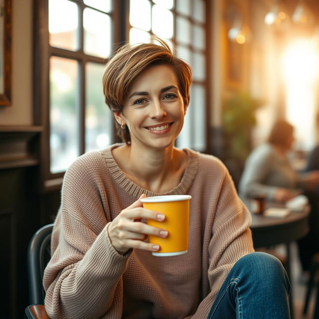 A 35-year-old Spanish woman with short, stylish hair, dressed casually in jeans and a loose-fitting sweater