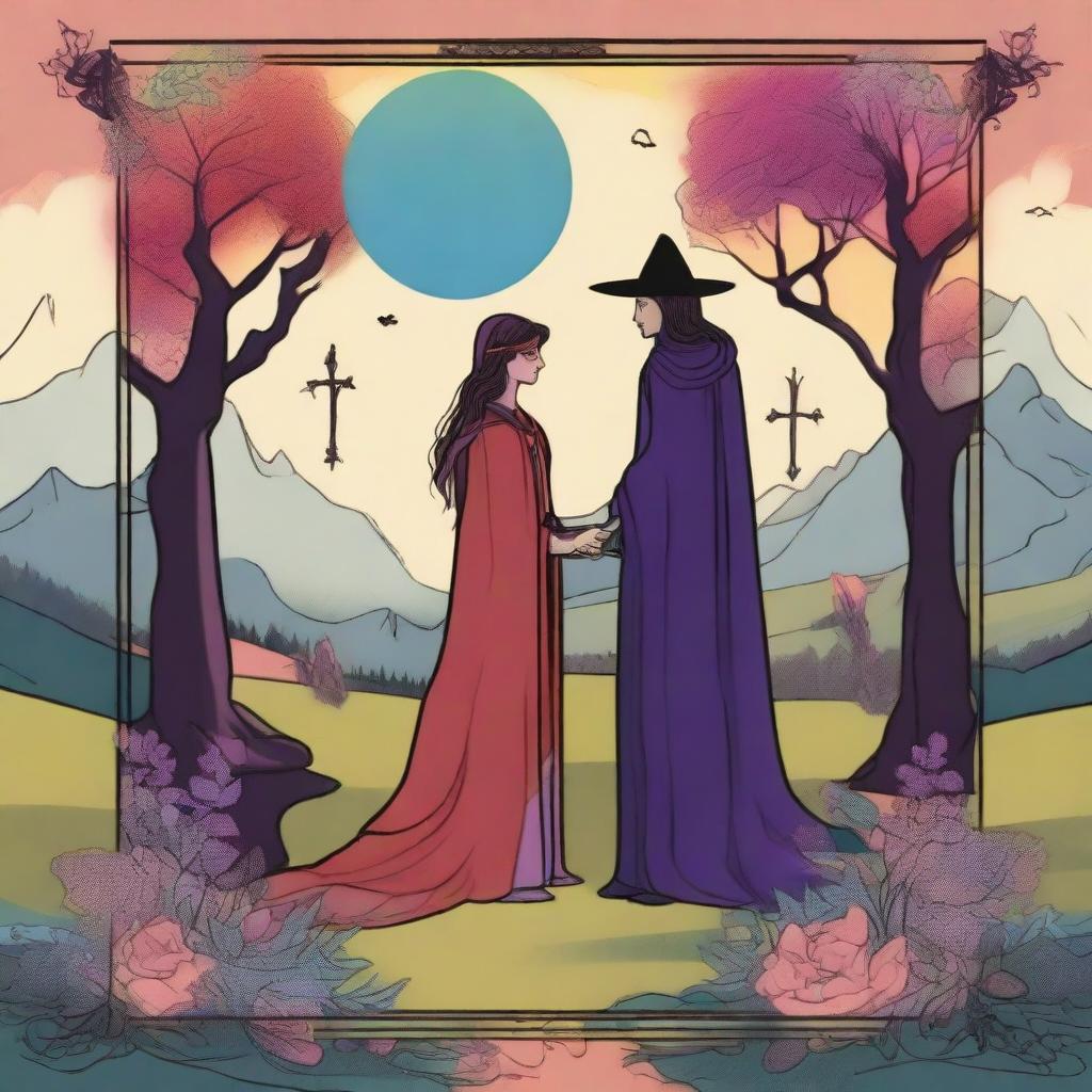 An artistic rendition of The Lovers Tarot card, framed in vivid colors and rendered in a playful, dreamy style