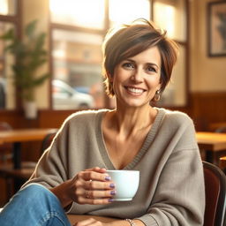 A 35-year-old Spanish woman with short, stylish hair, dressed casually in jeans and a loose-fitting sweater