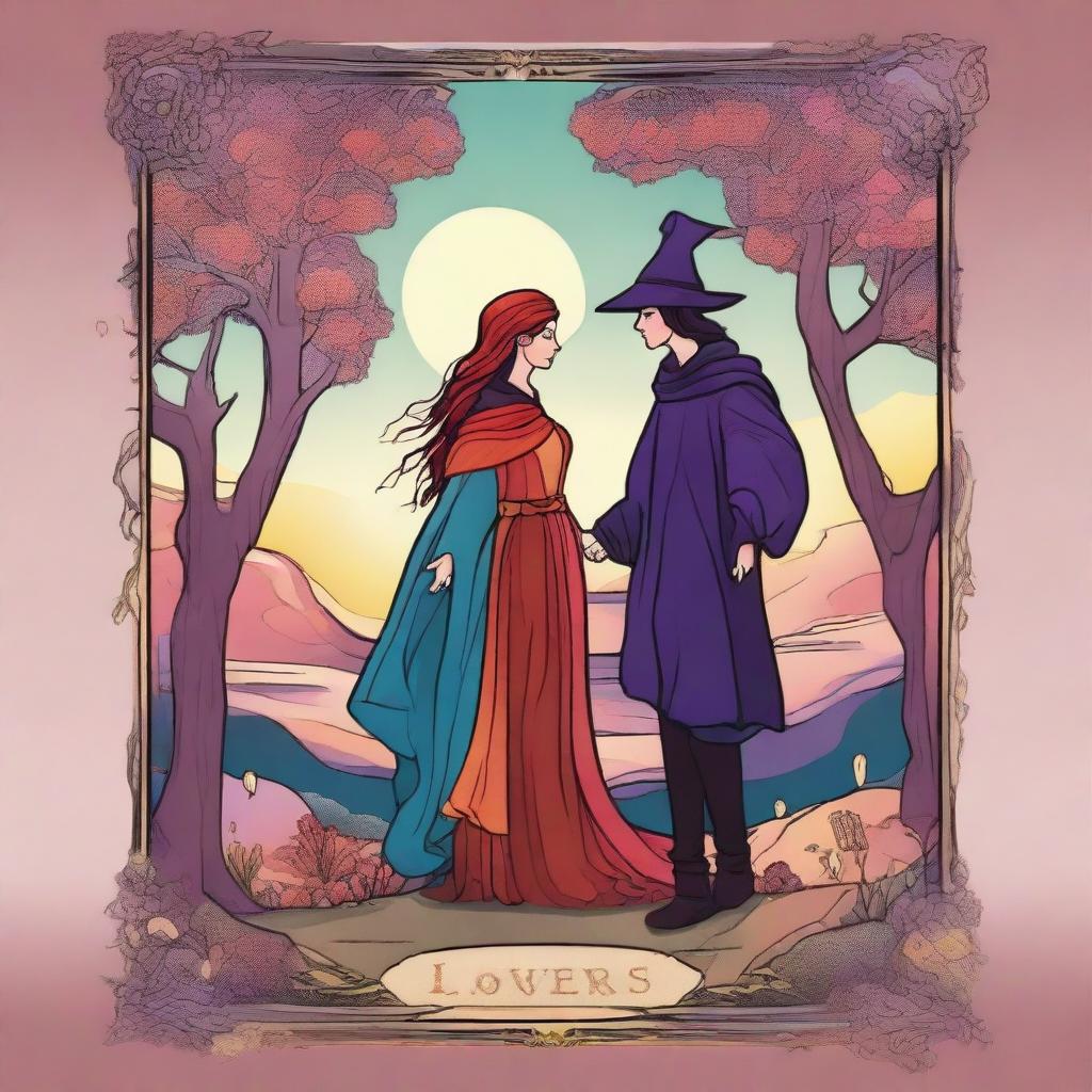 An artistic rendition of The Lovers Tarot card, framed in vivid colors and rendered in a playful, dreamy style