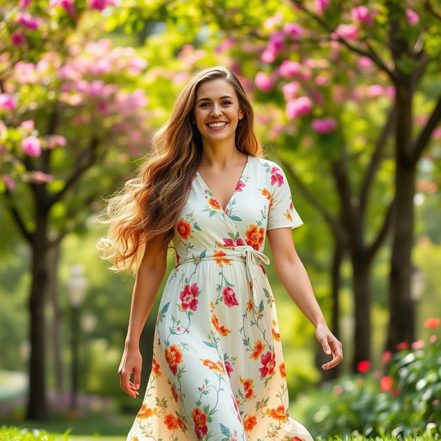 A 35-year-old Spanish woman with long, wavy hair and a bright, infectious smile