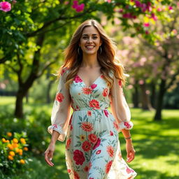 A 35-year-old Spanish woman with long, wavy hair and a bright, infectious smile
