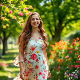 A 35-year-old Spanish woman with long, wavy hair and a bright, infectious smile
