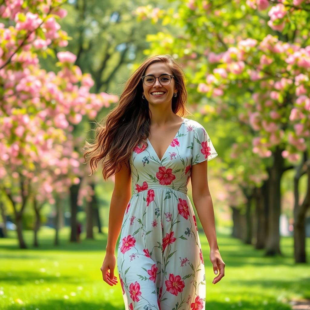 A 35-year-old Spanish woman with long, wavy hair and a bright, infectious smile