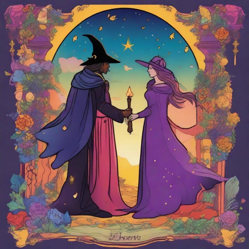 The Lovers Tarot card infused with vivid colors and a playful style, spotlighting a male and female witch as the main characters