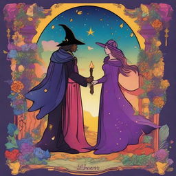 The Lovers Tarot card infused with vivid colors and a playful style, spotlighting a male and female witch as the main characters