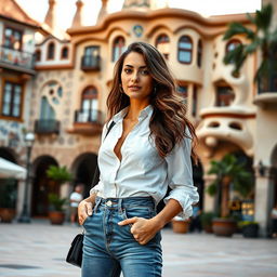 A 35-year-old Spanish woman with sun-kissed skin and a confident posture