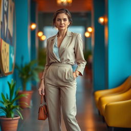 A beautiful European woman aged between 35 to 40 years old, standing tall in a full-body shot