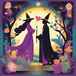 The Lovers Tarot card infused with vivid colors and a playful style, spotlighting a male and female witch as the main characters