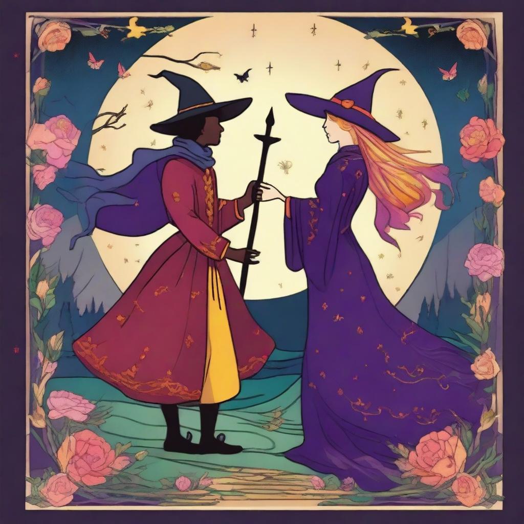 The Lovers Tarot card infused with vivid colors and a playful style, spotlighting a male and female witch as the main characters