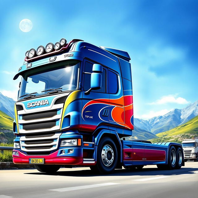 A detailed and vibrant depiction of a Scania Top Line 113H truck, showcasing its distinctive design features such as the aerodynamic cab, intricate front grill, and powerful yet sleek profile