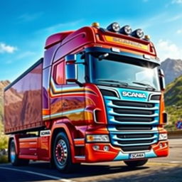 A detailed and vibrant depiction of a Scania Top Line 113H truck, showcasing its distinctive design features such as the aerodynamic cab, intricate front grill, and powerful yet sleek profile