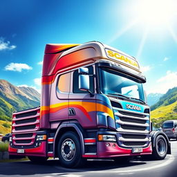 A detailed and vibrant depiction of a Scania Top Line 113H truck, showcasing its distinctive design features such as the aerodynamic cab, intricate front grill, and powerful yet sleek profile