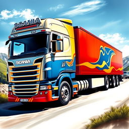 A detailed and vibrant depiction of a Scania Top Line 113H truck, showcasing its distinctive design features such as the aerodynamic cab, intricate front grill, and powerful yet sleek profile