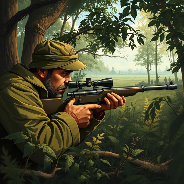 A highly detailed illustration of a World War II sniper in action, set in a dramatic battlefield environment