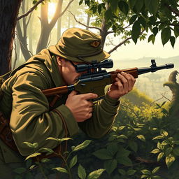 A highly detailed illustration of a World War II sniper in action, set in a dramatic battlefield environment
