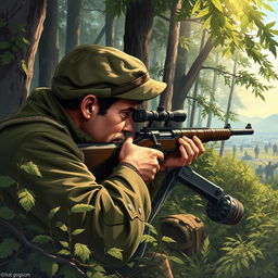 A highly detailed illustration of a World War II sniper in action, set in a dramatic battlefield environment