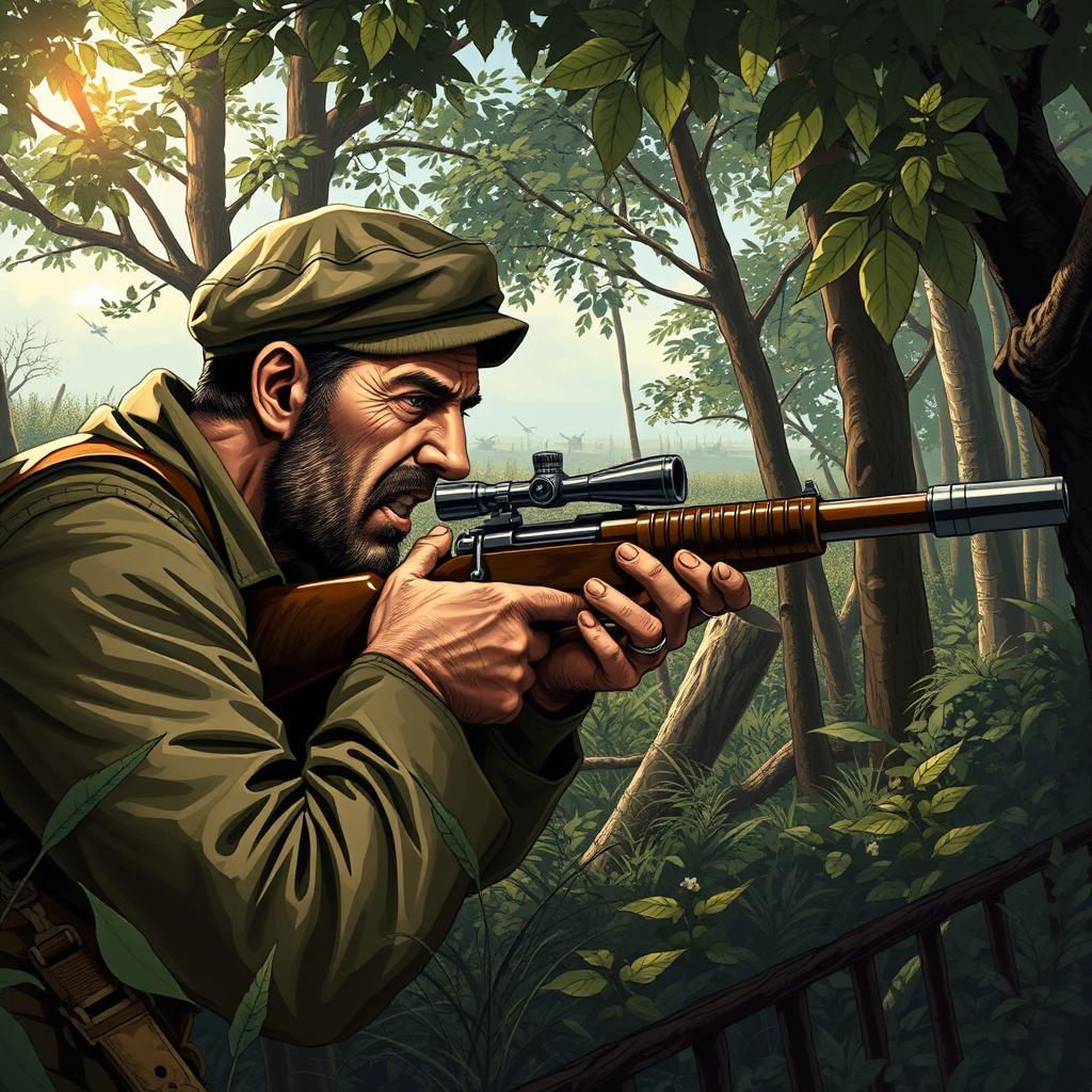 A highly detailed illustration of a World War II sniper in action, set in a dramatic battlefield environment