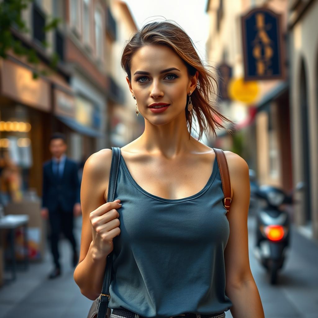 A beautiful European woman aged between 35 and 40 years, portrayed in a full-body pose