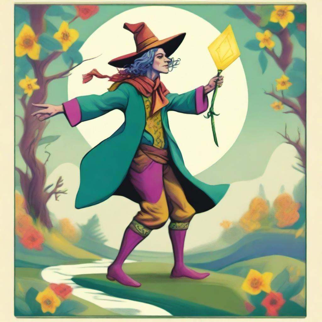 A playful and vivid spring-colored image of The Fool Tarot card, depicting a jubilant male witch as the main character