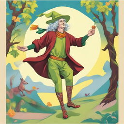 A playful and vivid spring-colored image of The Fool Tarot card, depicting a jubilant male witch as the main character