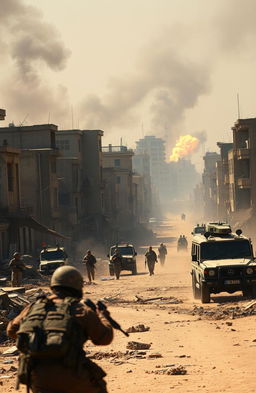 A dramatic and intense scene depicting a war zone in Baghdad, filled with action and chaos