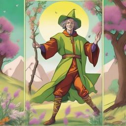 A playful and vivid spring-colored image of The Fool Tarot card, depicting a jubilant male witch as the main character