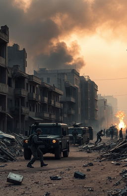 A dramatic and intense scene depicting a war zone in Baghdad, filled with action and chaos