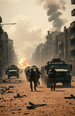 A dramatic and intense scene depicting a war zone in Baghdad, filled with action and chaos
