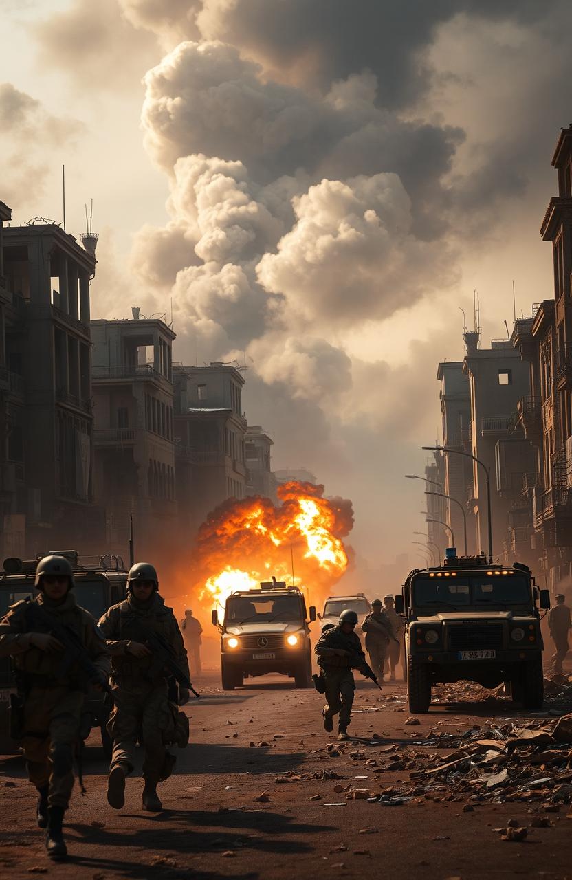 A dramatic and intense scene depicting a war zone in Baghdad, filled with action and chaos