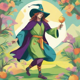 A playful and vivid spring-colored image of The Fool Tarot card, depicting a jubilant male witch as the main character