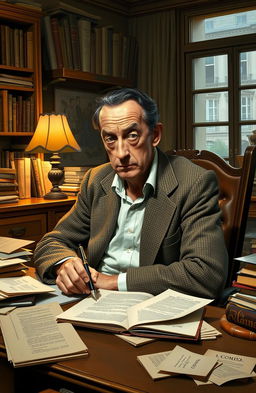 A thoughtful depiction of Albert Camus, the iconic French philosopher and writer, seated at a vintage wooden desk filled with scattered papers and books