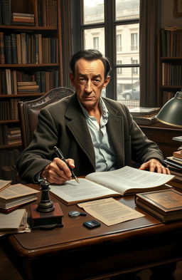 A thoughtful depiction of Albert Camus, the iconic French philosopher and writer, seated at a vintage wooden desk filled with scattered papers and books