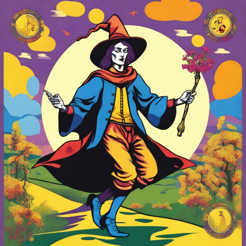 The Fool Tarot card reimagined in the bold, dynamic style of pop art, featuring a lively male witch as main the character