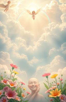 A serene and tranquil depiction of a heavenly landscape, filled with soft, fluffy clouds and a radiant, golden light filtering through