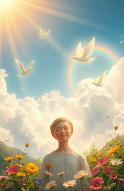 A serene and tranquil depiction of a heavenly landscape, filled with soft, fluffy clouds and a radiant, golden light filtering through
