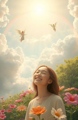 A serene and tranquil depiction of a heavenly landscape, filled with soft, fluffy clouds and a radiant, golden light filtering through
