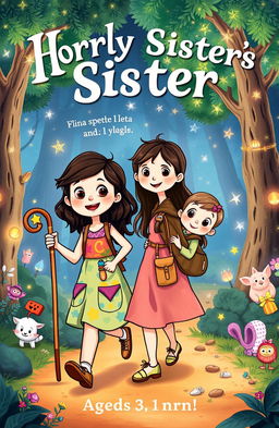 A whimsical book cover illustrating the adventurous journey of three sisters aged 11, 3, and 1 year old