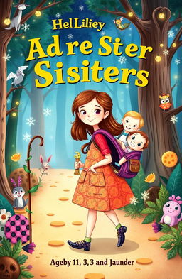 A whimsical book cover illustrating the adventurous journey of three sisters aged 11, 3, and 1 year old