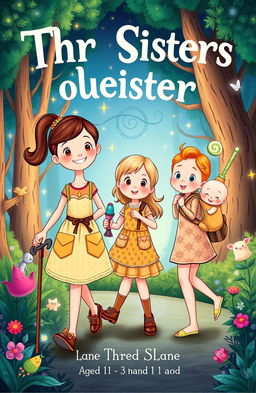 A whimsical book cover illustrating the adventurous journey of three sisters aged 11, 3, and 1 year old