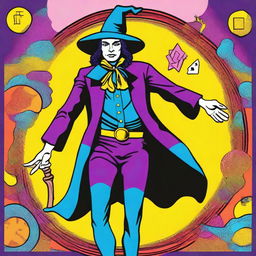 The Fool Tarot card reimagined in the bold, dynamic style of pop art, featuring a lively male witch as main the character