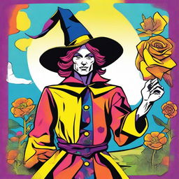 The Fool Tarot card reimagined in the bold, dynamic style of pop art, featuring a lively male witch as main the character