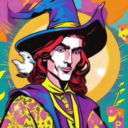 The Fool Tarot card reimagined in the bold, dynamic style of pop art, featuring a lively male witch as main the character